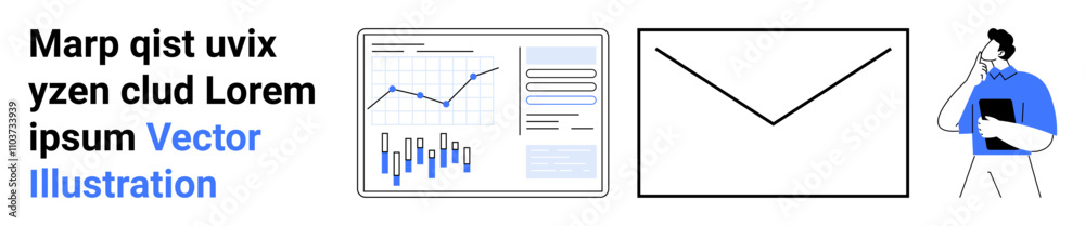 Graphs, line charts, an envelope icon, and a person holding a clipboard. Ideal for business analytics, communication, consulting, digital marketing, corporate presentations, email campaigns, landing Graphs, line charts, an envelope icon, and a person holding a clipboard. Ideal for business analytics, communication, consulting, digital marketing, corporate presentations, email campaigns, landing