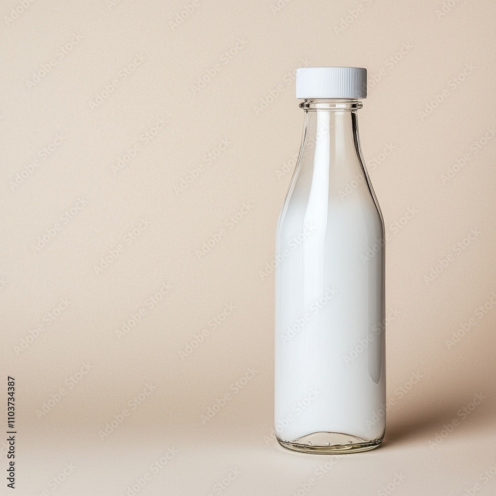 Minimalist food packaging mock up concept. Glass bottle filled with white liquid on a neutral background Minimalist food packaging mock up concept. Glass bottle filled with white liquid on a neutral background