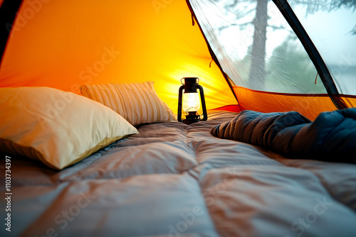 A cozy camping scene inside a tent, featuring pillows, a sleeping bag, and a lantern glowing softly in the orange light. photo