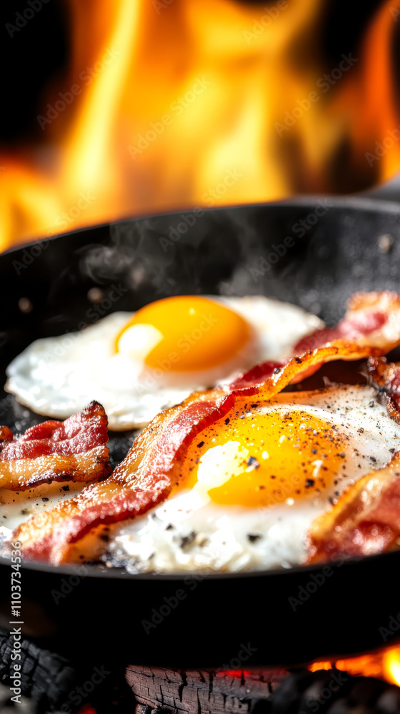 A sizzling hot skillet with fried eggs and crispy bacon, surrounded by vibrant flames, showcasing a delicious breakfast cooking experience. A sizzling hot skillet with fried eggs and crispy bacon, surrounded by vibrant flames, showcasing a delicious breakfast cooking experience.