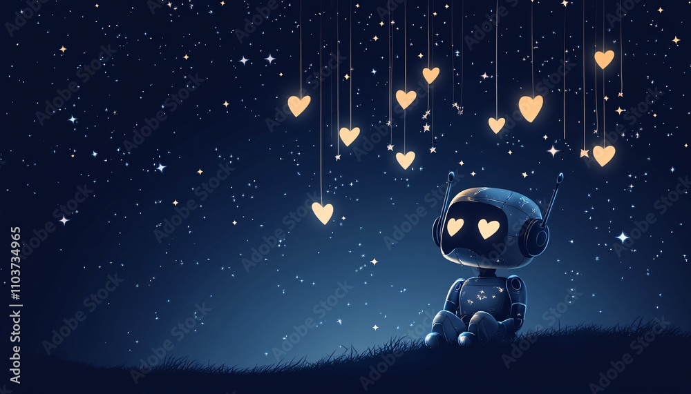 Fototapeta premium A charming robot sits beneath a vibrant digital canopy adorned with hearts, symbolizing the fusion of technology and affection in a celebration of Innovation love in Valentine's.