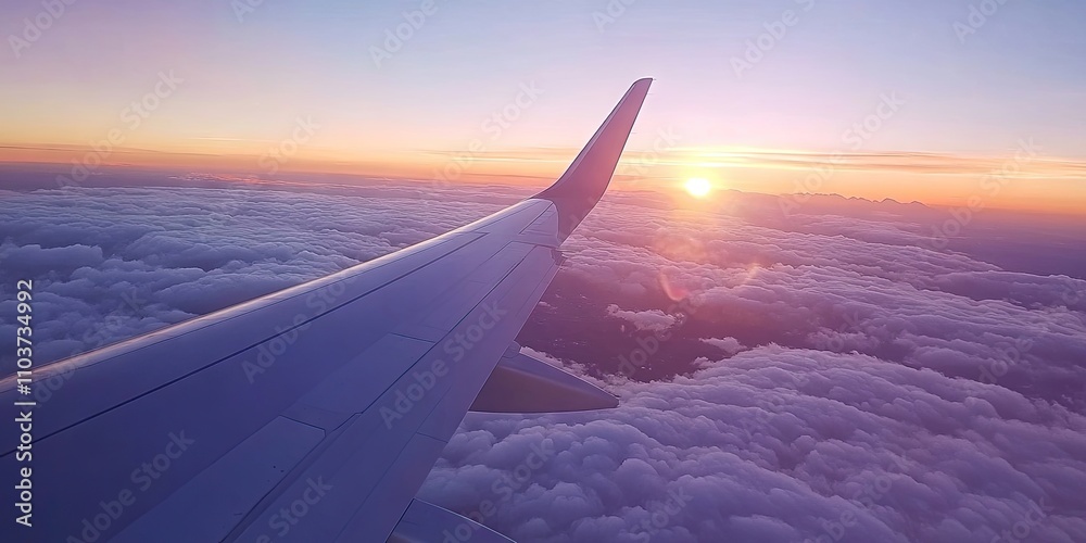 A sweeping panorama featuring an airplane wing alongside a sunrise sky, with clouds at 30,000 feet. A vacation flight highlights stunning mountain clouds and a sunset landscape. A sweeping panorama featuring an airplane wing alongside a sunrise sky, with clouds at 30,000 feet. A vacation flight highlights stunning mountain clouds and a sunset landscape.