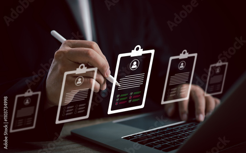 Human Resource Management (HR) concept: a businessman uses an interface for recruitment, leadership development, strategic customer targeting, company positions with precision and efficiency.