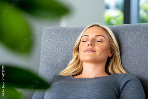 A woman lies on a comfortable couch with her eyes closed during a relaxing hypnotherapy session. Generative AI