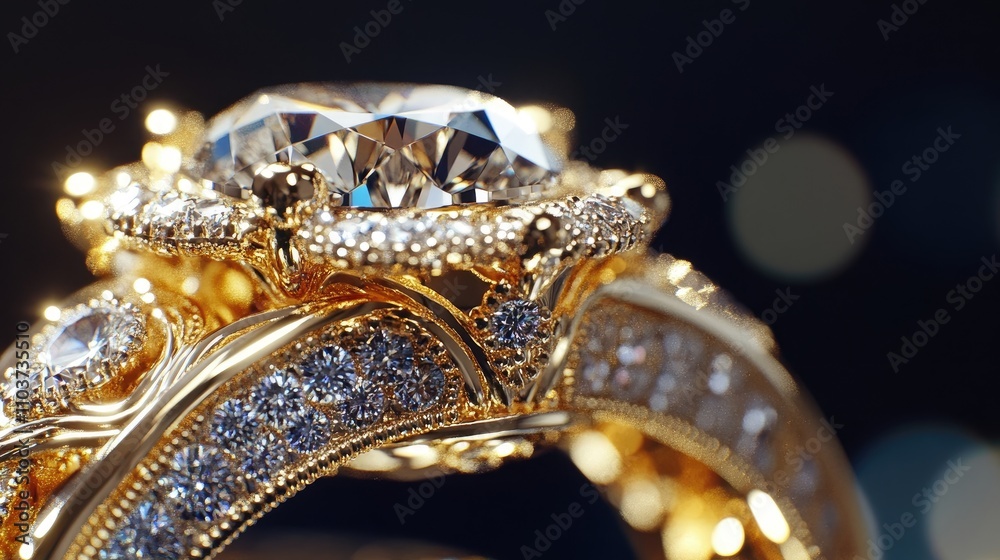A close-up of a luxurious gold and diamond engagement ring highlights its brilliant design, featuring intricate details and elegant sparkle, perfect for a sophisticated display. A close-up of a luxurious gold and diamond engagement ring highlights its brilliant design, featuring intricate details and elegant sparkle, perfect for a sophisticated display.