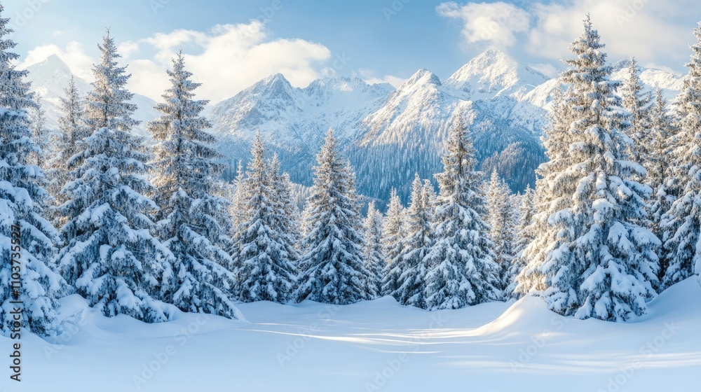 Beautiful winter landscape of a snow-covered forest in the mountains, presenting an ideal Christmas scene with snowy dendritic spruce trees and ample space for copy. Beautiful winter landscape of a snow-covered forest in the mountains, presenting an ideal Christmas scene with snowy dendritic spruce trees and ample space for copy.