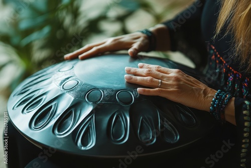 Woman playing a tongue drum similar to a handpan photo