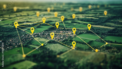 Aerial view of land with network markers representing land development planning and connectivity