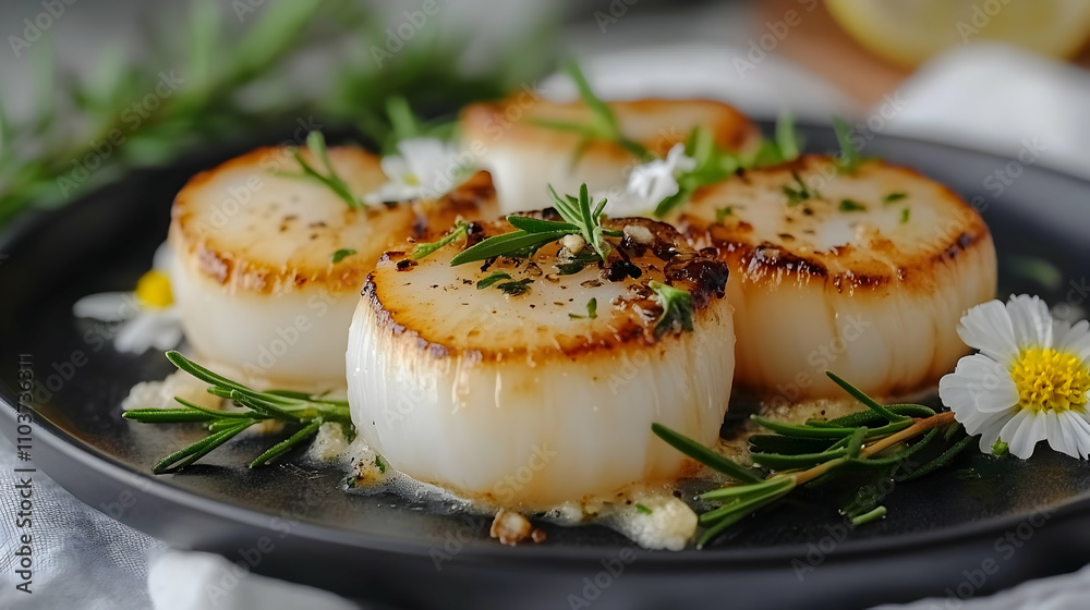 Seared Scallops with Rosemary and Herbs, Gourmet Dish Seared Scallops with Rosemary and Herbs, Gourmet Dish