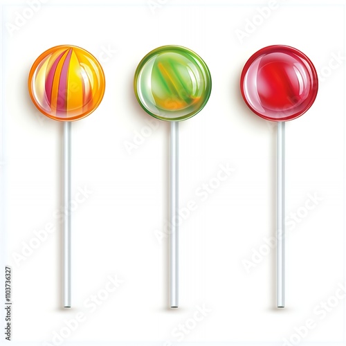 Three colorful lollipops on white background, showcasing vibrant designs and playful appeal.