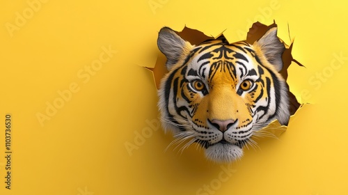 Tiger Breaking Through a Vibrant Yellow Wall with a Bold and Eye-Catching Design Ideal for Custom Advertising and Messaging Opportunities photo