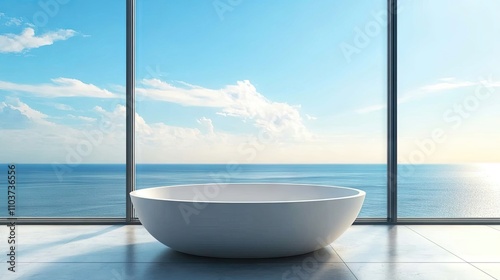 Luxurious white bathtub positioned elegantly against a breathtaking sea view, embodying relaxation and tranquility, with ample copy space for creative use.