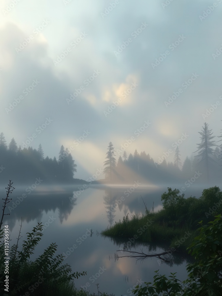 Fototapeta premium A misty lake landscape in early morning with soft light peeking through the trees and creating a sense of mystery, peaceful morning, serene atmosphere, natural scenery, lake scenery
