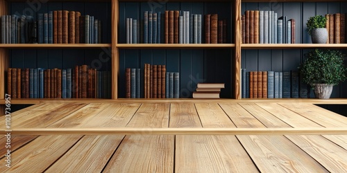 An empty wooden tabletop is set against a tidy bookcase backdrop, creating an ideal space for showcasing presentations and product displays effectively.