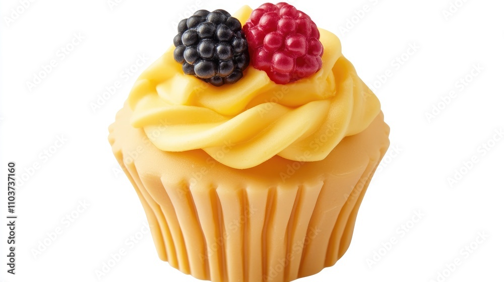 Bright yellow frosting with black and red berries on a vibrant clay cupcake, beautifully showcased against a pristine white background. Bright yellow frosting with black and red berries on a vibrant clay cupcake, beautifully showcased against a pristine white background.