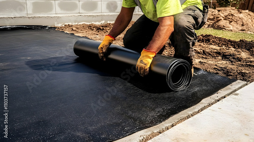Worker Installs Black Landscape Fabric on Ground, Preparing for Outdoor Project photo
