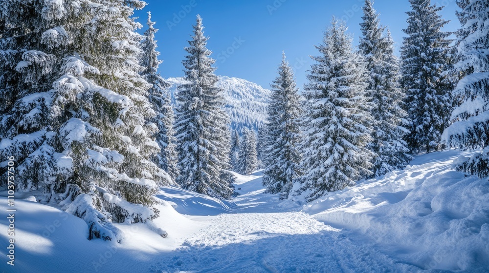 Beautiful winter landscape of a snow-covered forest in the mountains, presenting an ideal Christmas scene with snowy dendritic spruce trees and ample space for copy. Beautiful winter landscape of a snow-covered forest in the mountains, presenting an ideal Christmas scene with snowy dendritic spruce trees and ample space for copy.