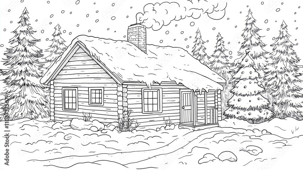 Obraz premium Coloring page of Cozy Winter Cabin Surrounded by Snowy Pine Trees with Smoke Rising from the Chimney in a Beautiful Winter Wonderland Scene