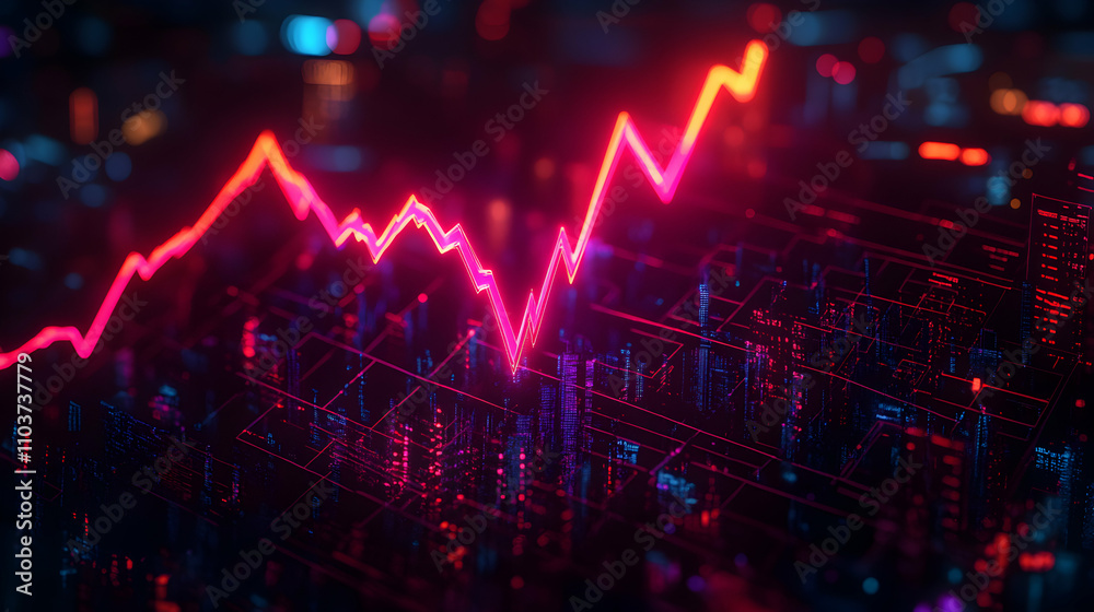 Abstract Neon Cityscape with Dynamic Stock Market Graph, Illustrating Financial Fluctuations and Urban Development Abstract Neon Cityscape with Dynamic Stock Market Graph, Illustrating Financial Fluctuations and Urban Development