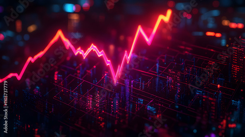 Abstract Neon Cityscape with Dynamic Stock Market Graph, Illustrating Financial Fluctuations and Urban Development