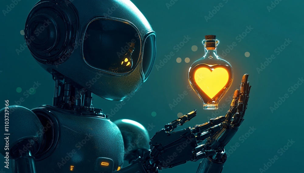 Fototapeta premium A futuristic robot cradles a glowing love potion, symbolizing the fusion of technology and romance in a celebration of innovation love for Valentine's Day.