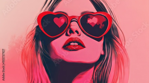 Passionate Woman in Love with Bold Red Heart Sunglasses