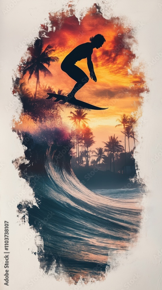 Naklejka premium A silhouette of a surfer balancing on a breaking wave, their body infused with the colors of a radiant sunset and the calm presence of palm trees in a captivating double exposure.