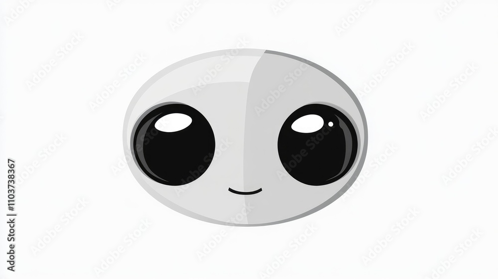 Friendly gray alien character with large black eyes and a subtle smile, set against a plain white background. Friendly gray alien character with large black eyes and a subtle smile, set against a plain white background.