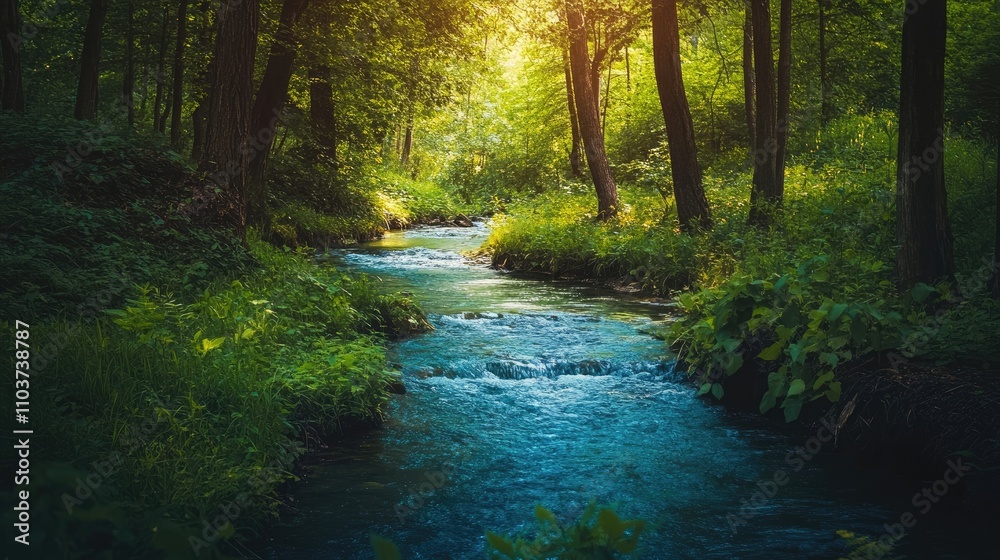 Tranquil forest stream meandering through lush greenery, offering flowing blue waters that create a serene atmosphere. Perfect for nature and landscape photography with ample copy space. Tranquil forest stream meandering through lush greenery, offering flowing blue waters that create a serene atmosphere. Perfect for nature and landscape photography with ample copy space.