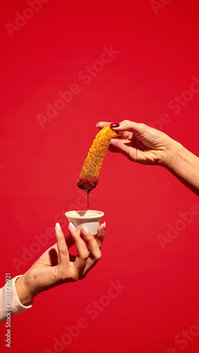 Human hand holding sweet delicious churros and dipping into berry jam against red background. Concept of street food, winter fairs, pop art, holiday snacks. Copy space for ad photo