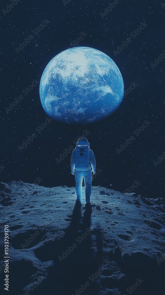 Astronaut Standing on Moon Surface Gazing at Earth in Starry Space Scene Astronaut Standing on Moon Surface Gazing at Earth in Starry Space Scene