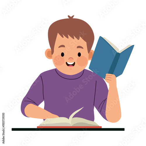 little boy studying with books