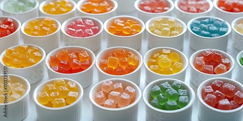 Bright, colorful marmalade gummy candies neatly placed in white bowls create an inviting display of sweets.