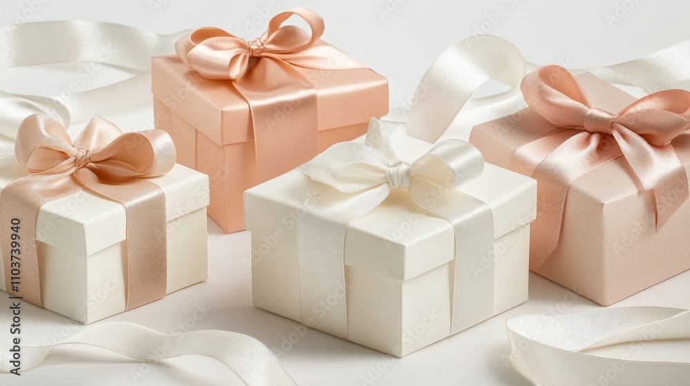 Elegant Cream and Peach Gift Boxes with Satin Ribbons - Luxury gift boxes, cream and peach, satin ribbons, elegant presentation, perfect for special occasions. Elegant Cream and Peach Gift Boxes with Satin Ribbons - Luxury gift boxes, cream and peach, satin ribbons, elegant presentation, perfect for special occasions.