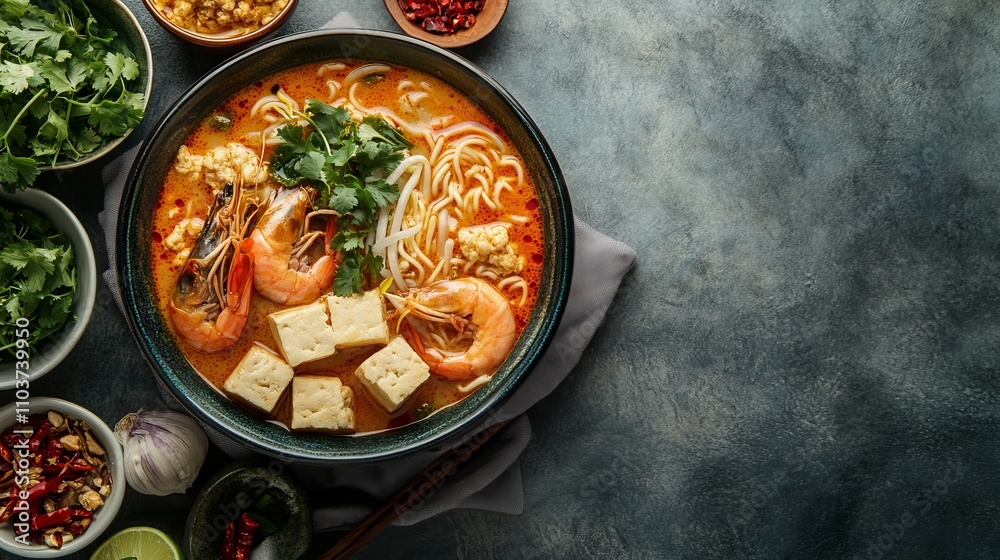 Bowl of spicy laksa soup with noodles, tofu puffs, and seafood Bowl of spicy laksa soup with noodles, tofu puffs, and seafood