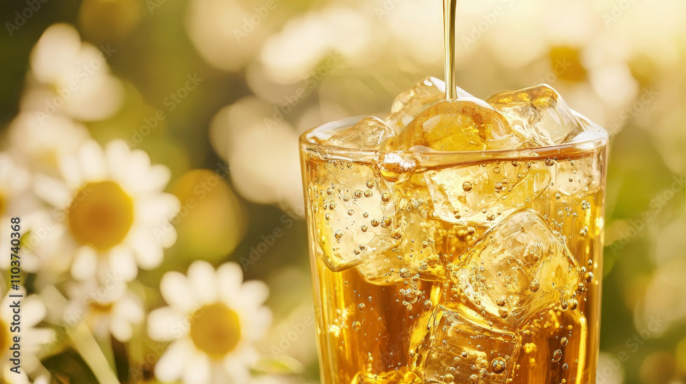 Refreshing iced tea with honey drizzle and ice cubes in glass, surrounded by daisies. Perfect for sunny day! Refreshing iced tea with honey drizzle and ice cubes in glass, surrounded by daisies. Perfect for sunny day!