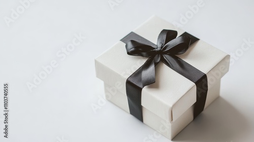 Elegant White Gift Box with Black Bow - Luxury gift, elegant packaging, black ribbon, white box, special occasion