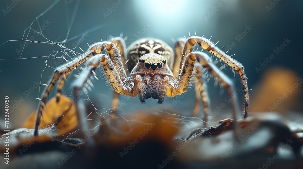 Close-up of a spider on a web, with detailed view of its eyes and legs, set against a blurred natural background Close-up of a spider on a web, with detailed view of its eyes and legs, set against a blurred natural background