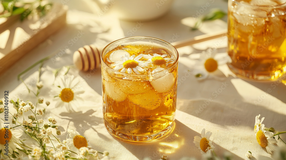 Aromatic chamomile iced tea with honey served in glass, surrounded by fresh chamomile flowers. This refreshing drink is perfect for warm days Aromatic chamomile iced tea with honey served in glass, surrounded by fresh chamomile flowers. This refreshing drink is perfect for warm days