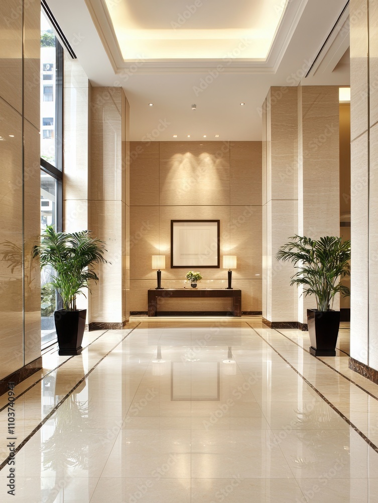 Fototapeta premium A modern, elegant lobby featuring polished floors, soft lighting, and decorative plants, creating a welcoming atmosphere.