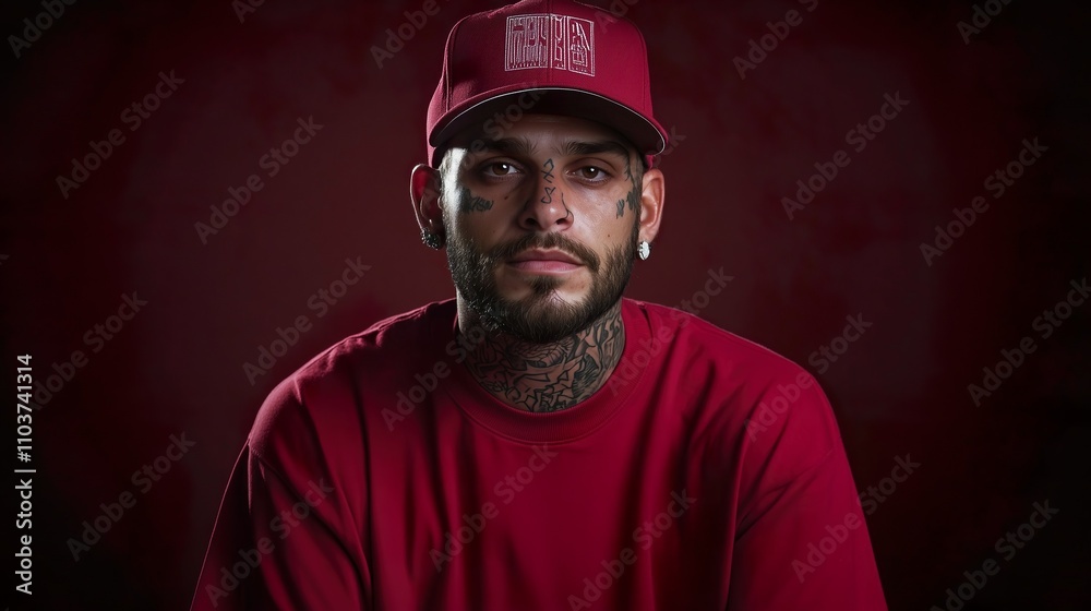 Obraz premium Close-up portrait of a young latino male with lots of facial and neck tattoos. Sitting front view, looking at cmera. Has red baseball cap, red shirt, dark red background. Very fashionable and glamou