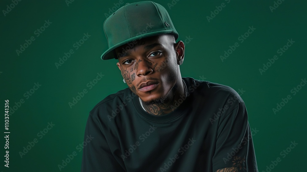 Portrait of a black man in a forest green sweatshirt and cap, featuring tattoos on his neck, a serious demeanor, and focused lighting against a matching green background that subtly fades into shadow. Portrait of a black man in a forest green sweatshirt and cap, featuring tattoos on his neck, a serious demeanor, and focused lighting against a matching green background that subtly fades into shadow.