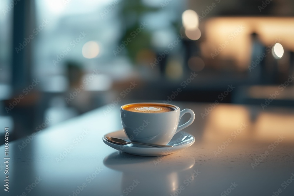 Latte art in a white cup on saucer. Latte art in a white cup on saucer.