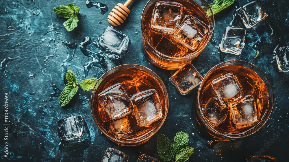 Refreshing iced tea with mint leaves and honey, served in glasses with ice cubes, creates vibrant and inviting atmosphere. Perfect for summer gatherings Refreshing iced tea with mint leaves and honey, served in glasses with ice cubes, creates vibrant and inviting atmosphere. Perfect for summer gatherings