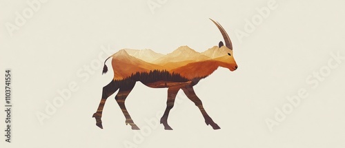 Stylized Mountain Goat Illustration: Minimalist Art featuring Nature and Wildlife in Soft Earth Tones for Creative Projects and Home Decor photo