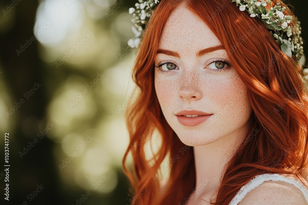 Stunning Young Redhead Woman with Floral Crown, Natural Beauty Portrait in Soft Light, Perfect for Beauty and Fashion Themes