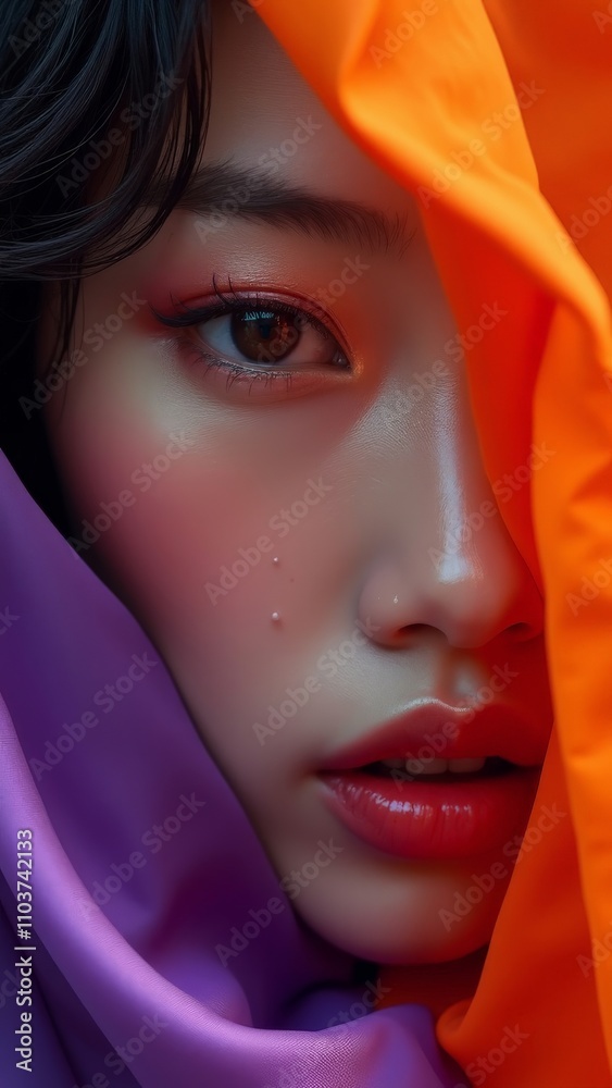 Artistic close-up of a woman's face with vibrant orange and purple fabric Artistic close-up of a woman's face with vibrant orange and purple fabric