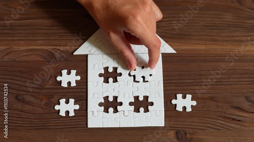 Close-up of a hand inserting final puzzle pieces into a house-shaped design on a wooden surface, symbolizing family and home building.