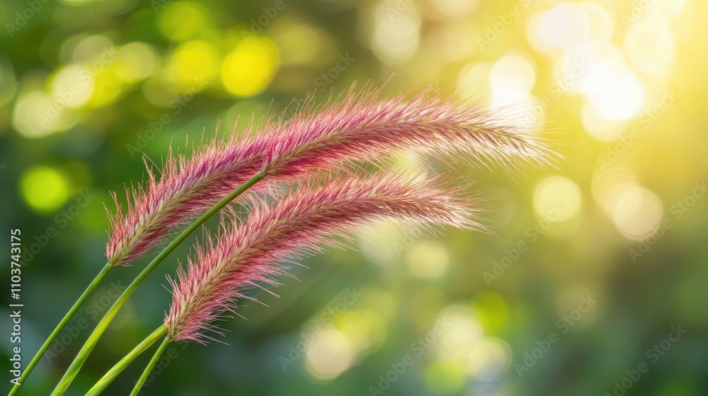 Vibrant red tufts display their vivid colors atop a single green stem, basking in the suns rays on a beautiful day, set against a serene nature backdrop with ample copy space. Vibrant red tufts display their vivid colors atop a single green stem, basking in the suns rays on a beautiful day, set against a serene nature backdrop with ample copy space.