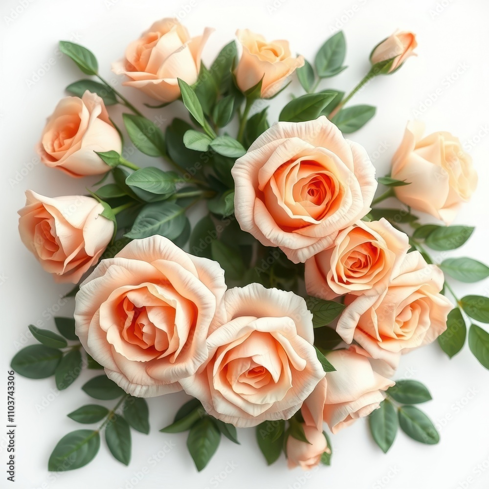 A beautiful arrangement of peach and pink roses with lush greenery on a white background, peach roses, beautiful flowers, botanical illustration., rose bouquets, floral art
